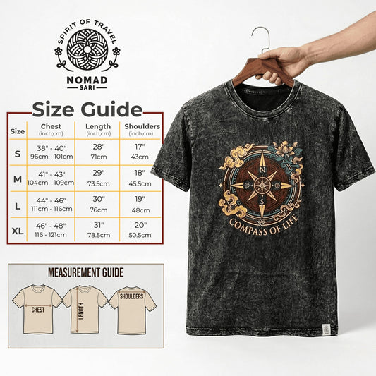 Nomad Sari Stonewashed Cotton T-Shirt - Compass of Life - Charcoal - Large