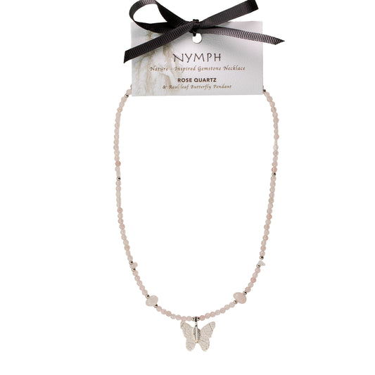 Nymph Rose Quartz Gemstone Necklace with Real Leaf Butterfly Pendant