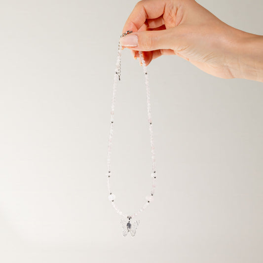 Nymph Rose Quartz Gemstone Necklace with Real Leaf Butterfly Pendant