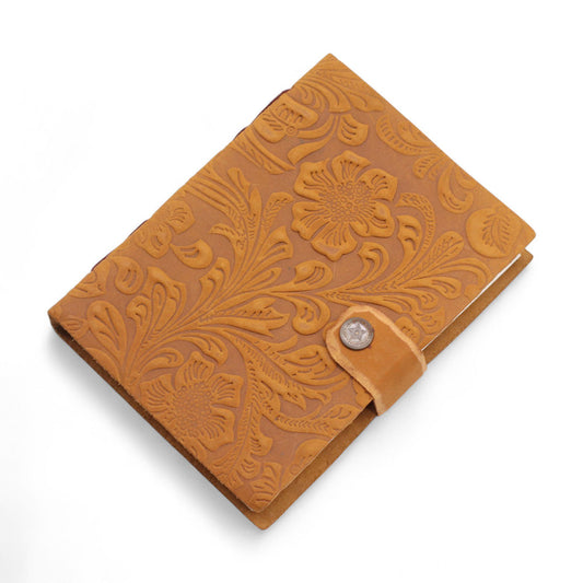 Leather Embossed Notebook – Tan Floral Pattern – 17.8×12.7 cm