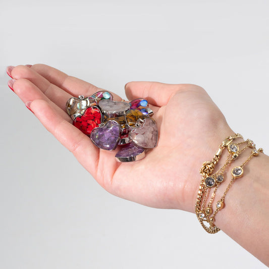 Steel Cased Pendant Hearts - 12 Assorted Gemstone Chips & Shells