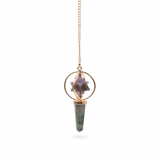 Cosmic Navigator- Two Piece Spinning Merkaba Star in Copper Pendulum - Amethyst & Labradorite