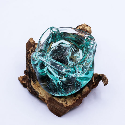 Molten Glass Chunky Ashtray / Candle Holder on Wood 23cm