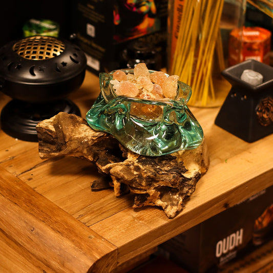 Molten Glass Chunky Ashtray / Candle Holder on Wood 23cm