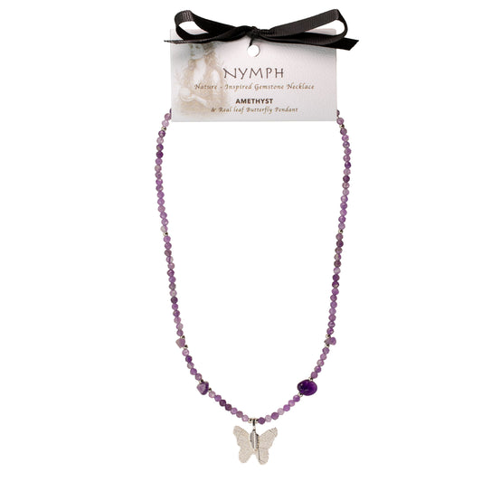 Nymph Amethyst Gemstone Necklace with Real Leaf Butterfly Pendant