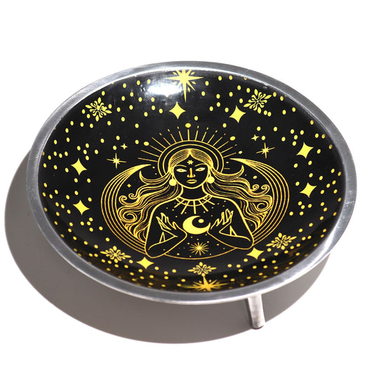 Triple Leg Enamelled Offering Plate - Gold Goddess on Black