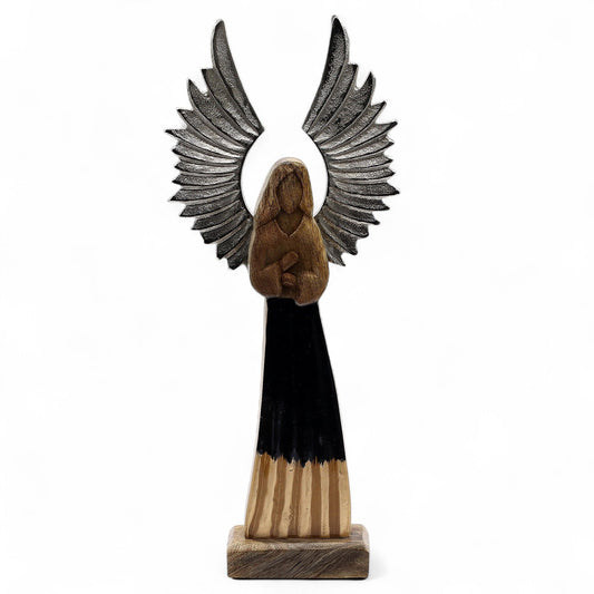 Large Mango Wood Gardian Angel Metal Wings & Enamel Detail