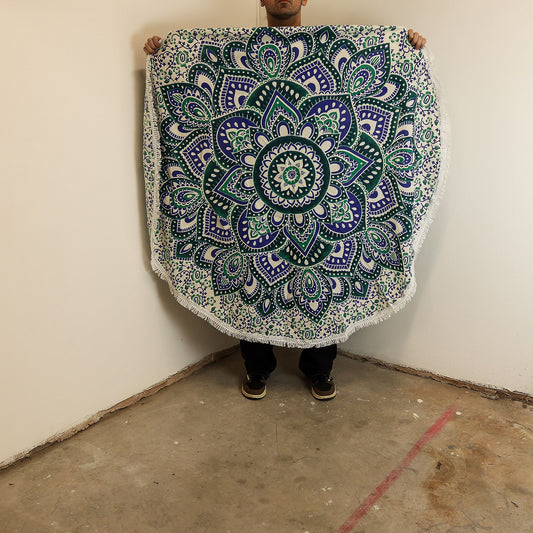 Small Mandala Roundie Cotton Art (130cm) - Teal & Blue