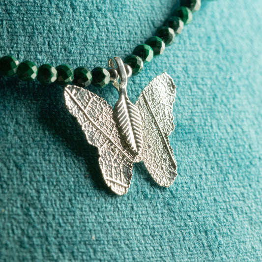 Nymph Malachite Gemstone Necklace with Real Leaf Butterfly Pendant