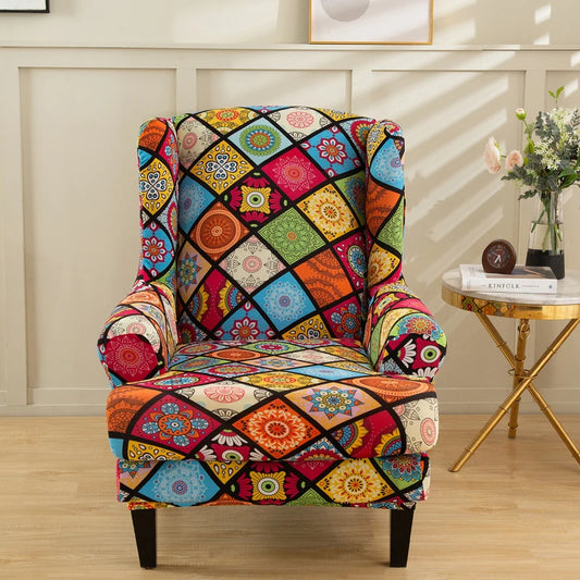Stretch Spandex Wing Chair Cover Relax Armchair Covers Bohemia Style Removable Single Sofa Slipcovers with Seat Cushion Covers