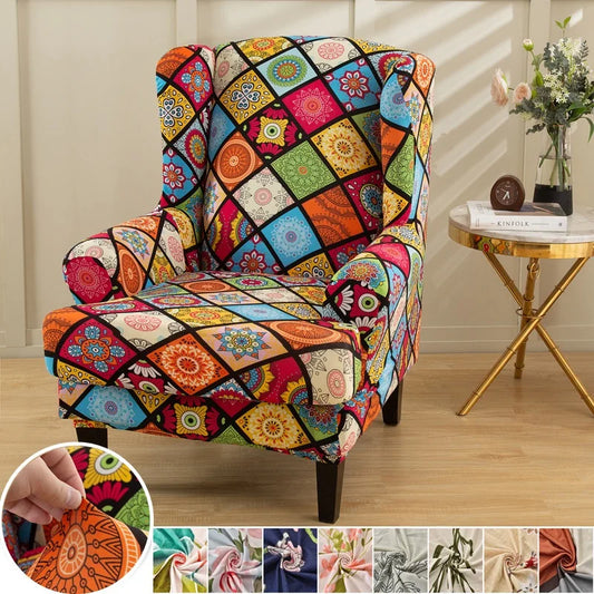 Stretch Spandex Wing Chair Cover Relax Armchair Covers Bohemia Style Removable Single Sofa Slipcovers with Seat Cushion Covers