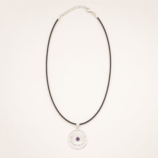 Indian Devotional Pendant - Silver Plated (45cm Cord)- Sun Worship Amethyst