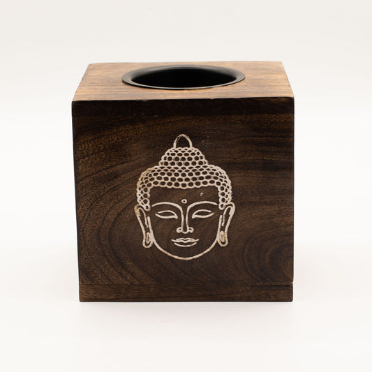 Large Square Mango Wood Oil Burner- Buddha Face
