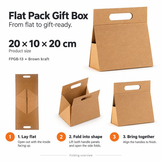 Flat Pack Gift Box - Hand Box  (20x10x20cm) - Brown Craft
