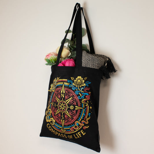 Iconic Classic Tote Bag - Compass of Life - Black 6oz