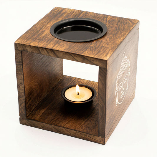 Large Square Mango Wood Oil Burner- Buddha Face
