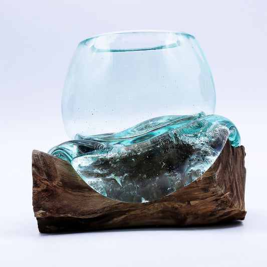 Molten Glass Mini Goldfish Bowl on Wood 20cm