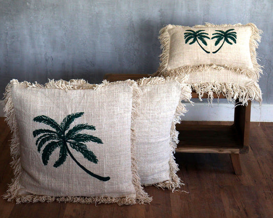 Linen Cushion Cover 45x45cm Palm Tree  with Fringe