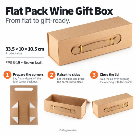 Flat Pack Gift Box - Wine Box Shape  (33.5x10x10.5cm) - Brown Craft