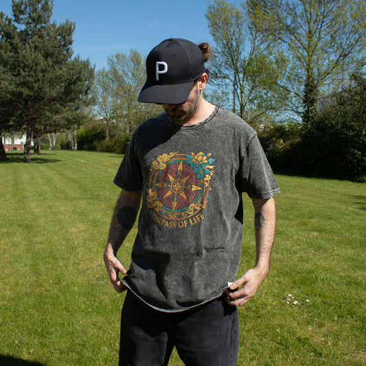Nomad Sari Stonewashed Cotton T-Shirt - Compass of Life - Charcoal - Large