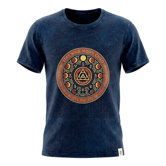 Nomad Sari Stonewashed Cotton T-Shirt - Stay Wild Moon Child - Blue - Large
