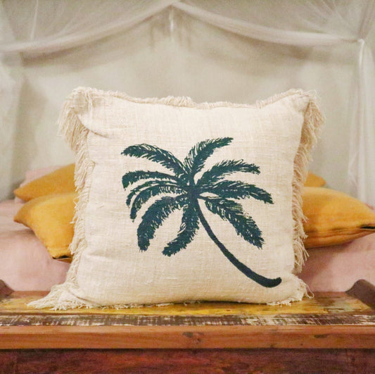 Linen Cushion Cover 60x60cm Palm Tree  with Fringe