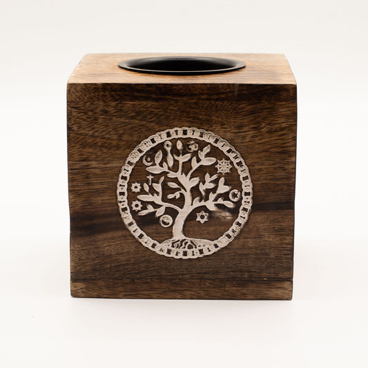 Large Square Mango Wood Oil Burner  - Tree of Life