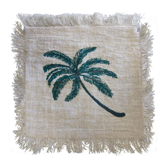 Linen Cushion Cover 60x60cm Palm Tree  with Fringe