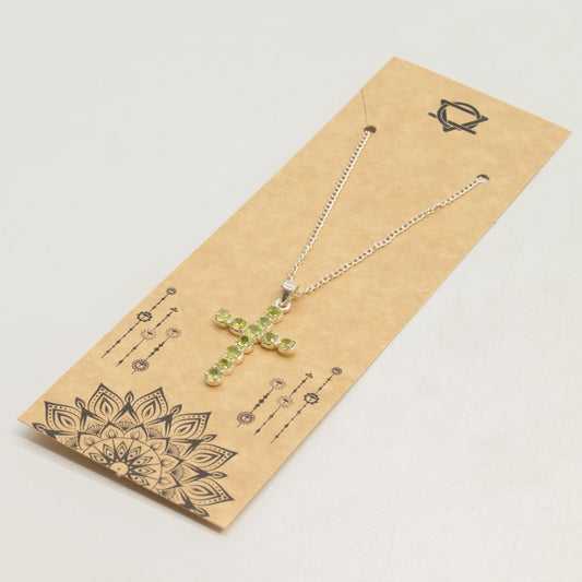 Indian Devotional Pendant - Silver Plated (45cm Chain)- Peridot Crucifix