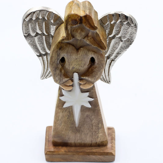 Large Mango Wood Peace Angel Metal Wings & Enamel Detail