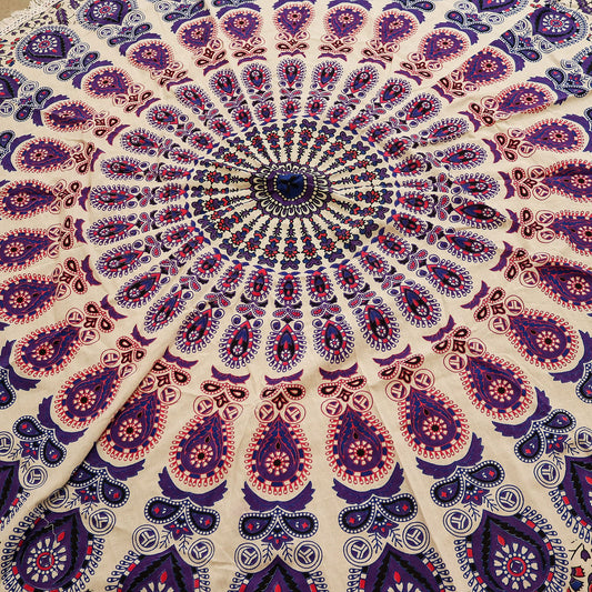 Small Mandala Roundie Cotton Art (130cm) - Peacock Purples