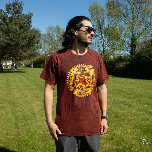 Nomad Sari Stonewashed Cotton T-Shirt - Dragon Mandala - Maroon - Medium