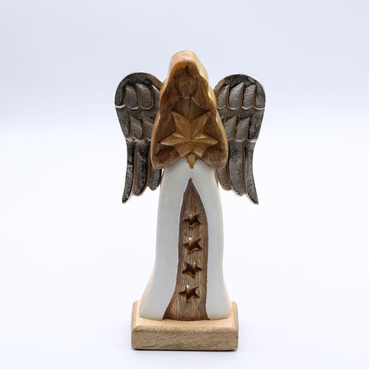 Large Mango Wood Star Angel Metal Wings & Enamel Detail